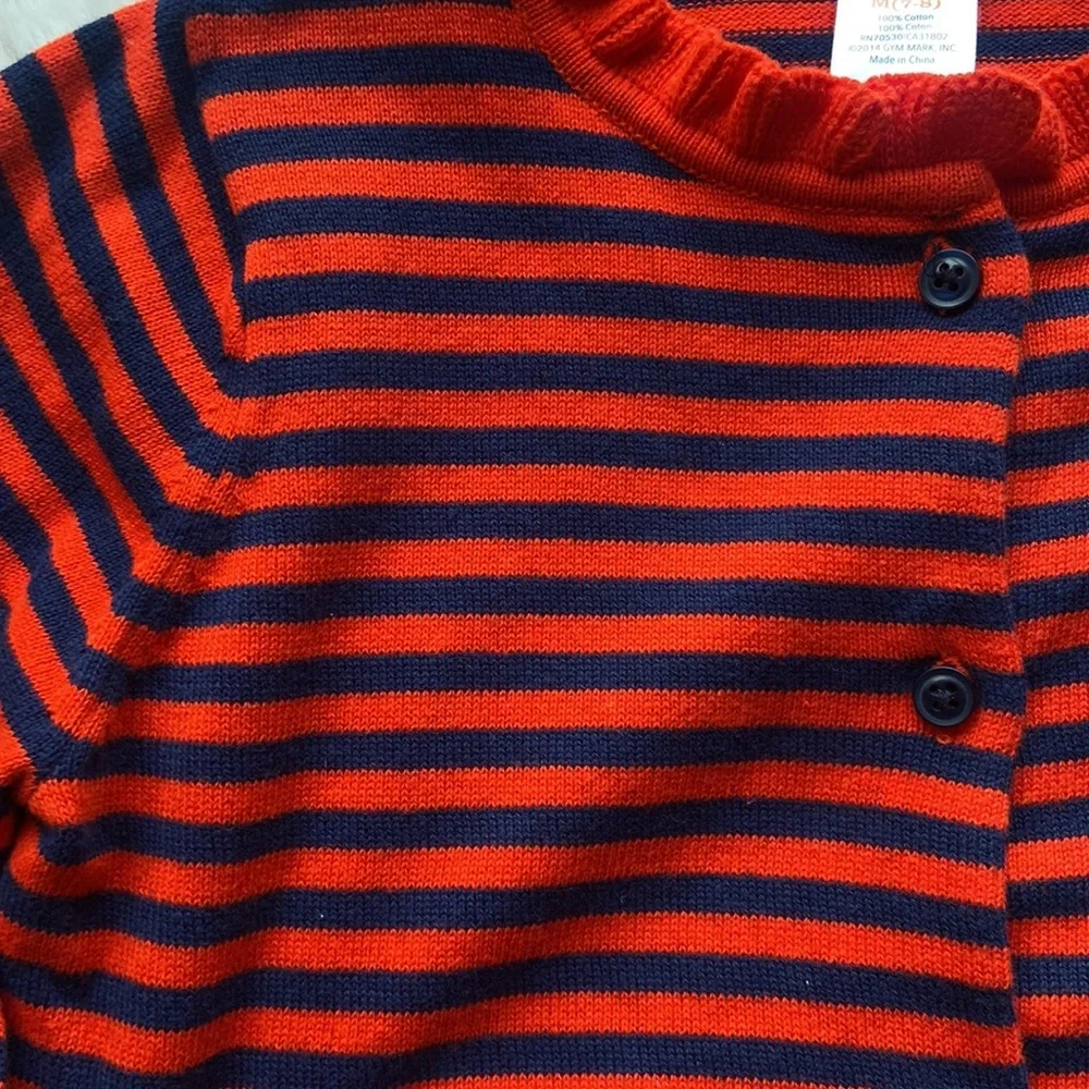 Gymboree girls striped sweater orange red and navy blue ruffle neck size M 7/8